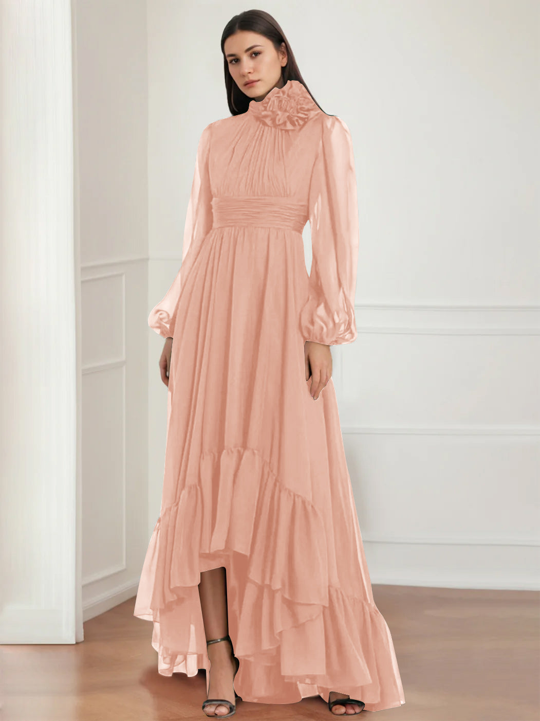 Mother Of The Bride Dress Asymmetrical A Line Jewel Neck Gown With Long Sleeves