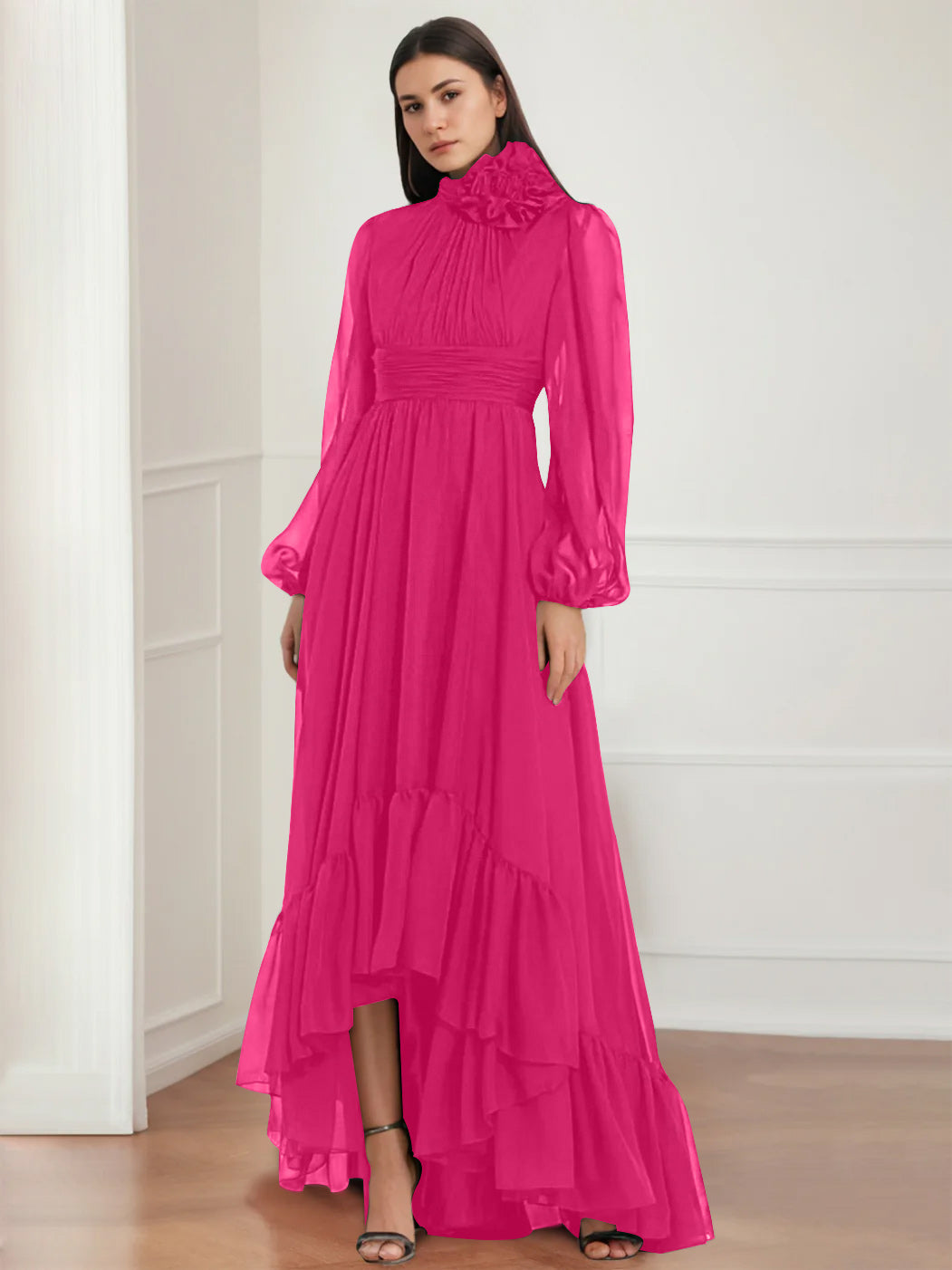 Mother Of The Bride Dress Asymmetrical A Line Jewel Neck Gown With Long Sleeves