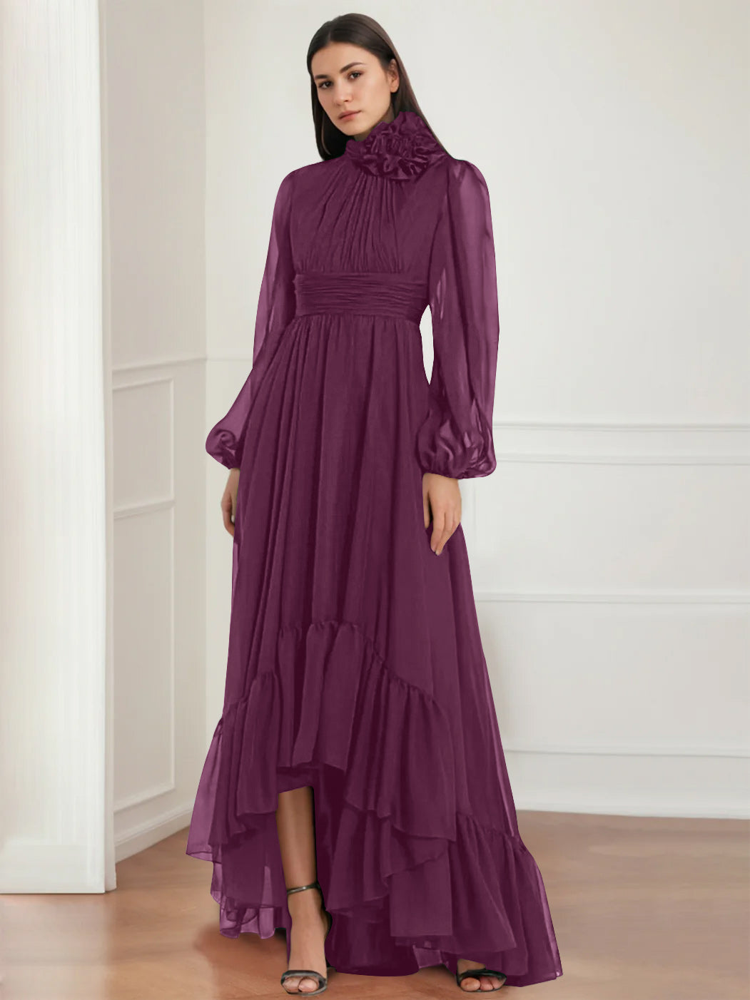 Mother Of The Bride Dress Asymmetrical A Line Jewel Neck Gown With Long Sleeves