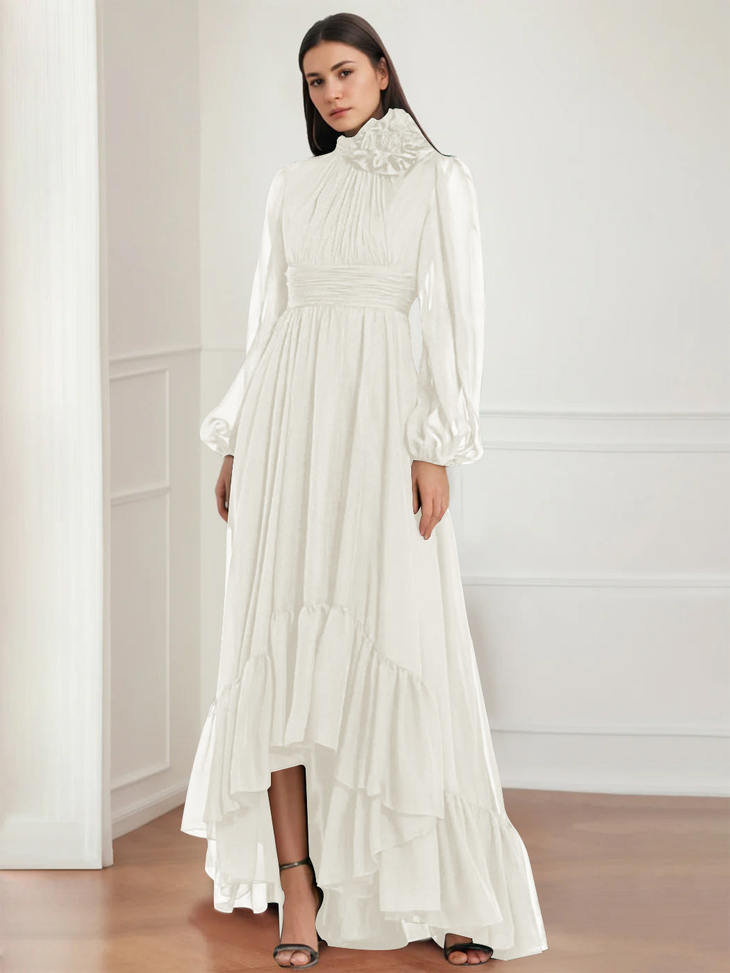 Mother Of The Bride Dress Asymmetrical A Line Jewel Neck Gown With Long Sleeves