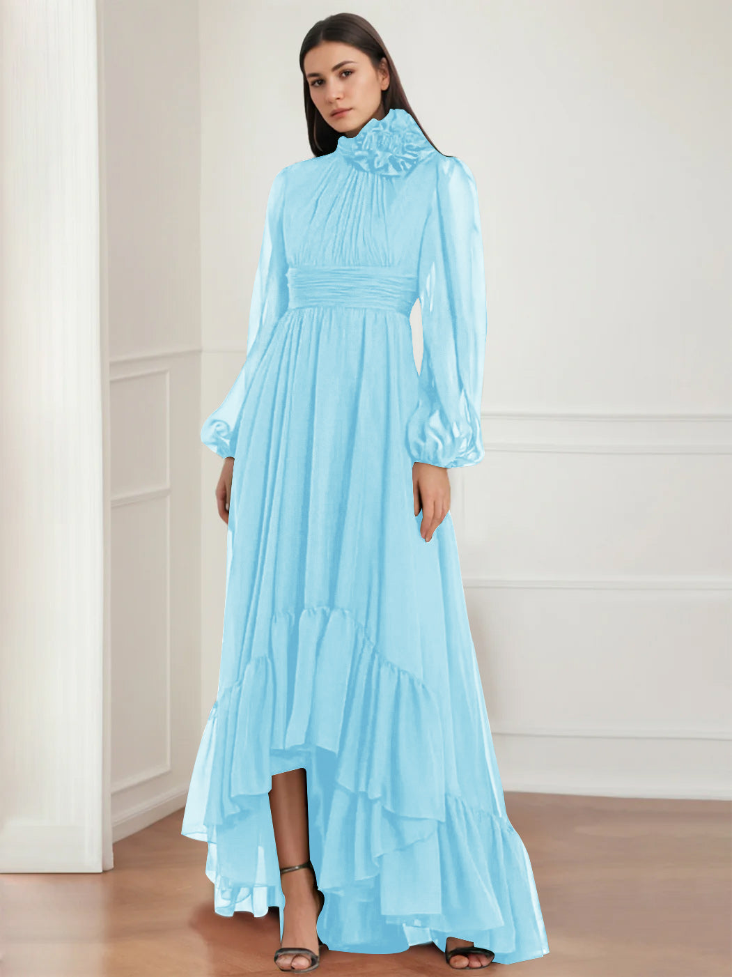 Mother Of The Bride Dress Asymmetrical A Line Jewel Neck Gown With Long Sleeves