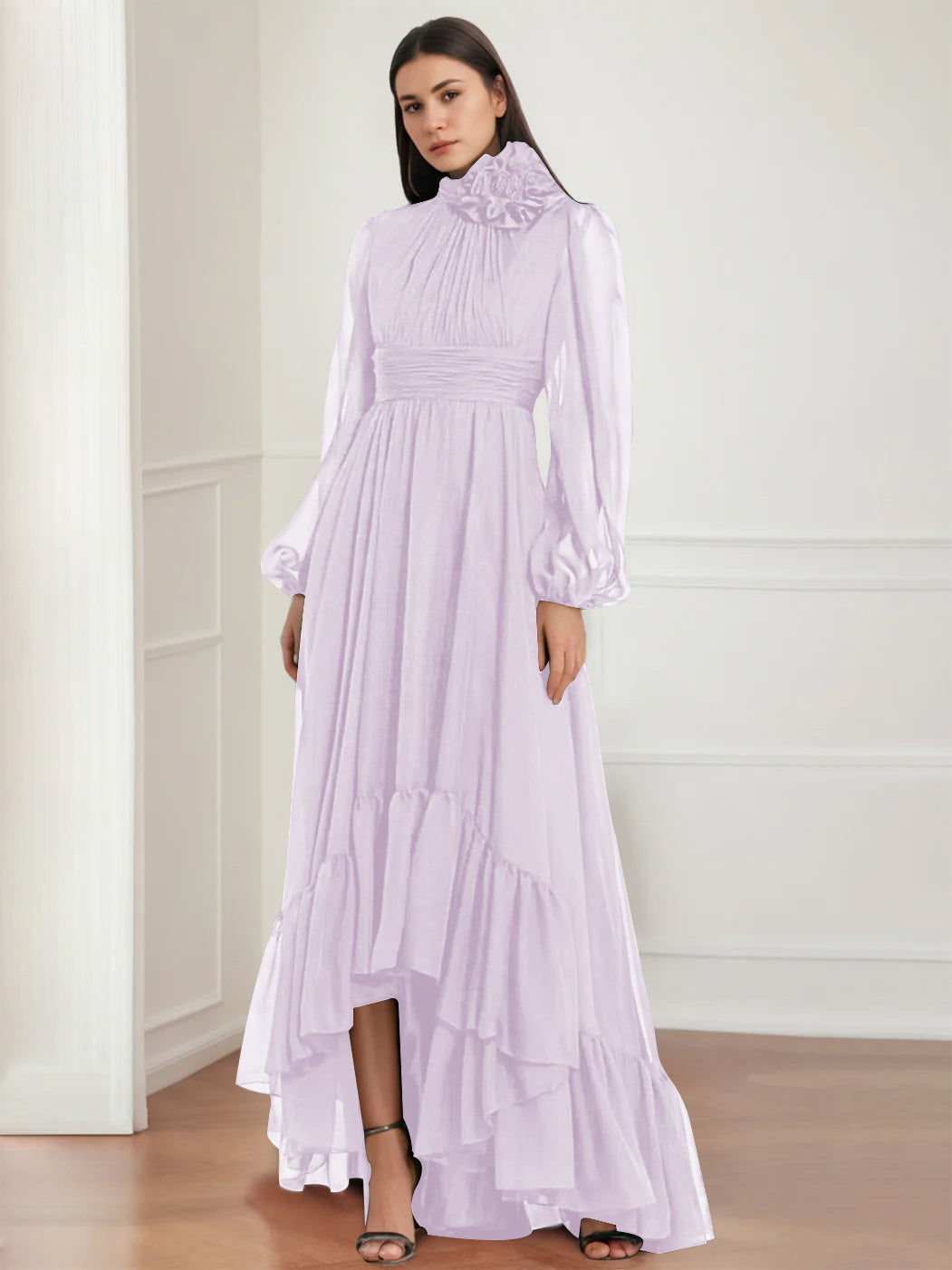 Mother Of The Bride Dress Asymmetrical A Line Jewel Neck Gown With Long Sleeves