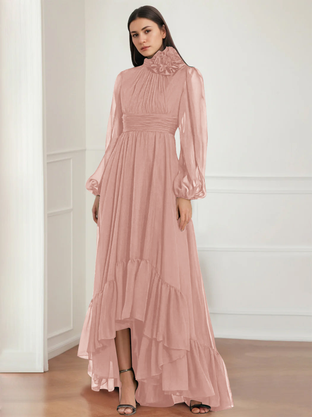 Mother Of The Bride Dress Asymmetrical A Line Jewel Neck Gown With Long Sleeves
