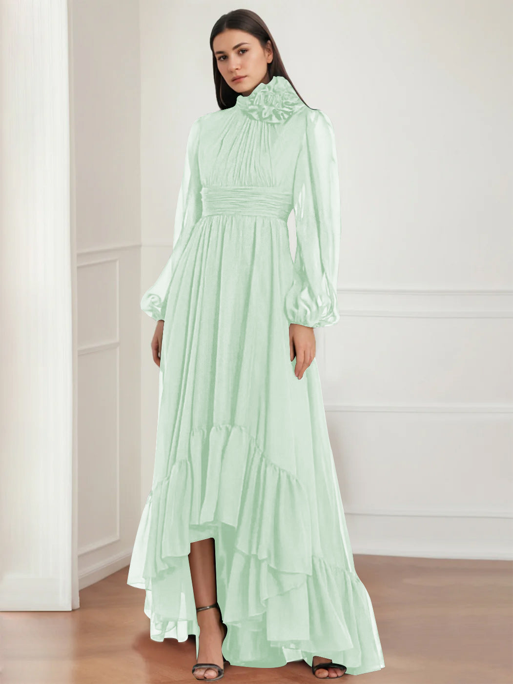 Mother Of The Bride Dress Asymmetrical A Line Jewel Neck Gown With Long Sleeves