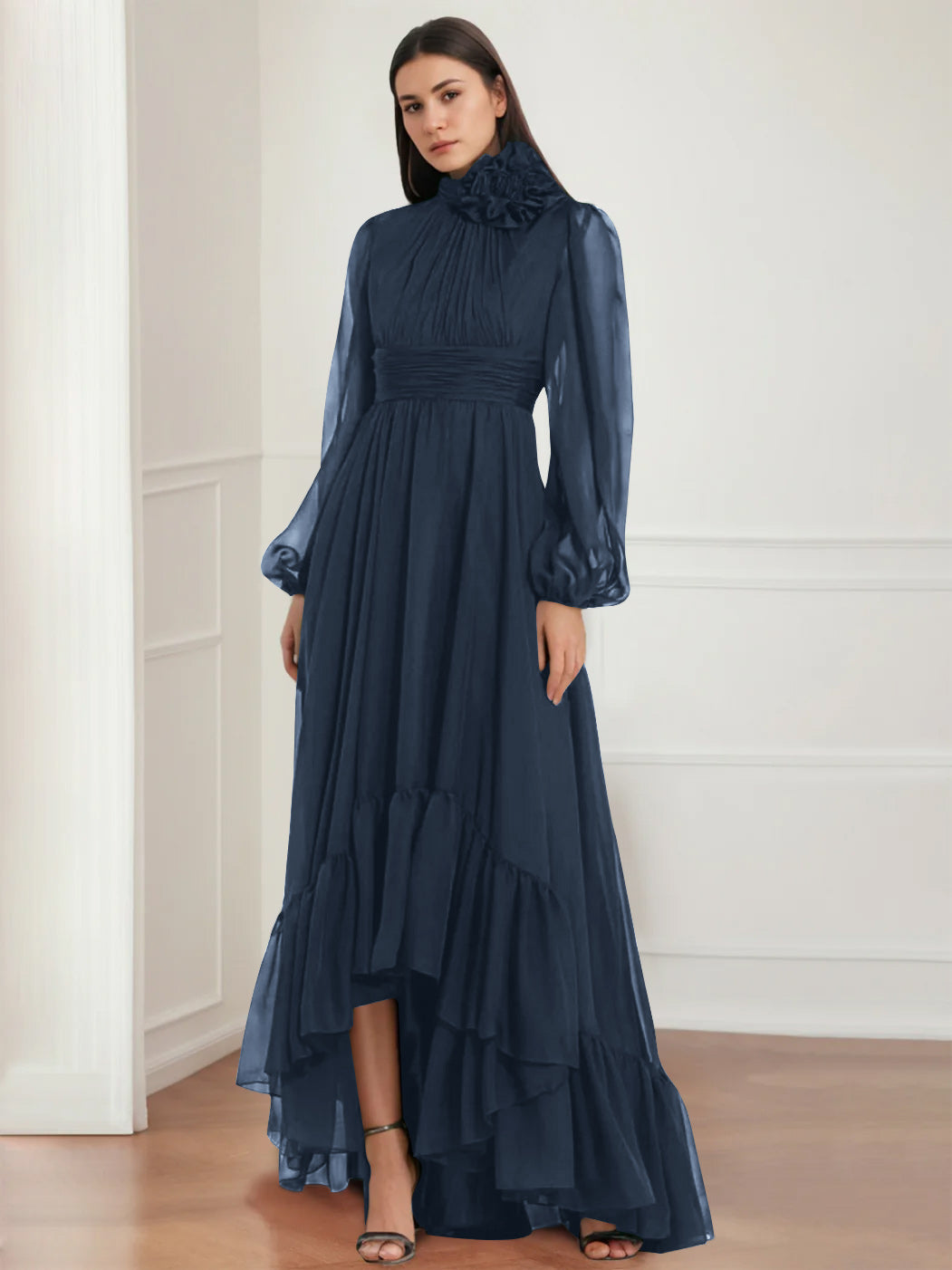 Mother Of The Bride Dress Asymmetrical A Line Jewel Neck Gown With Long Sleeves