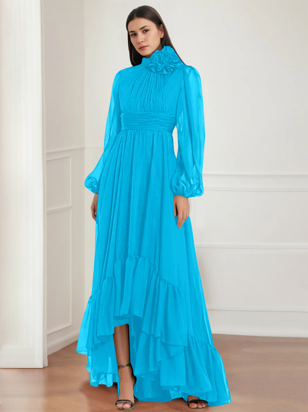 Mother Of The Bride Dress Asymmetrical A Line Jewel Neck Gown With Long Sleeves