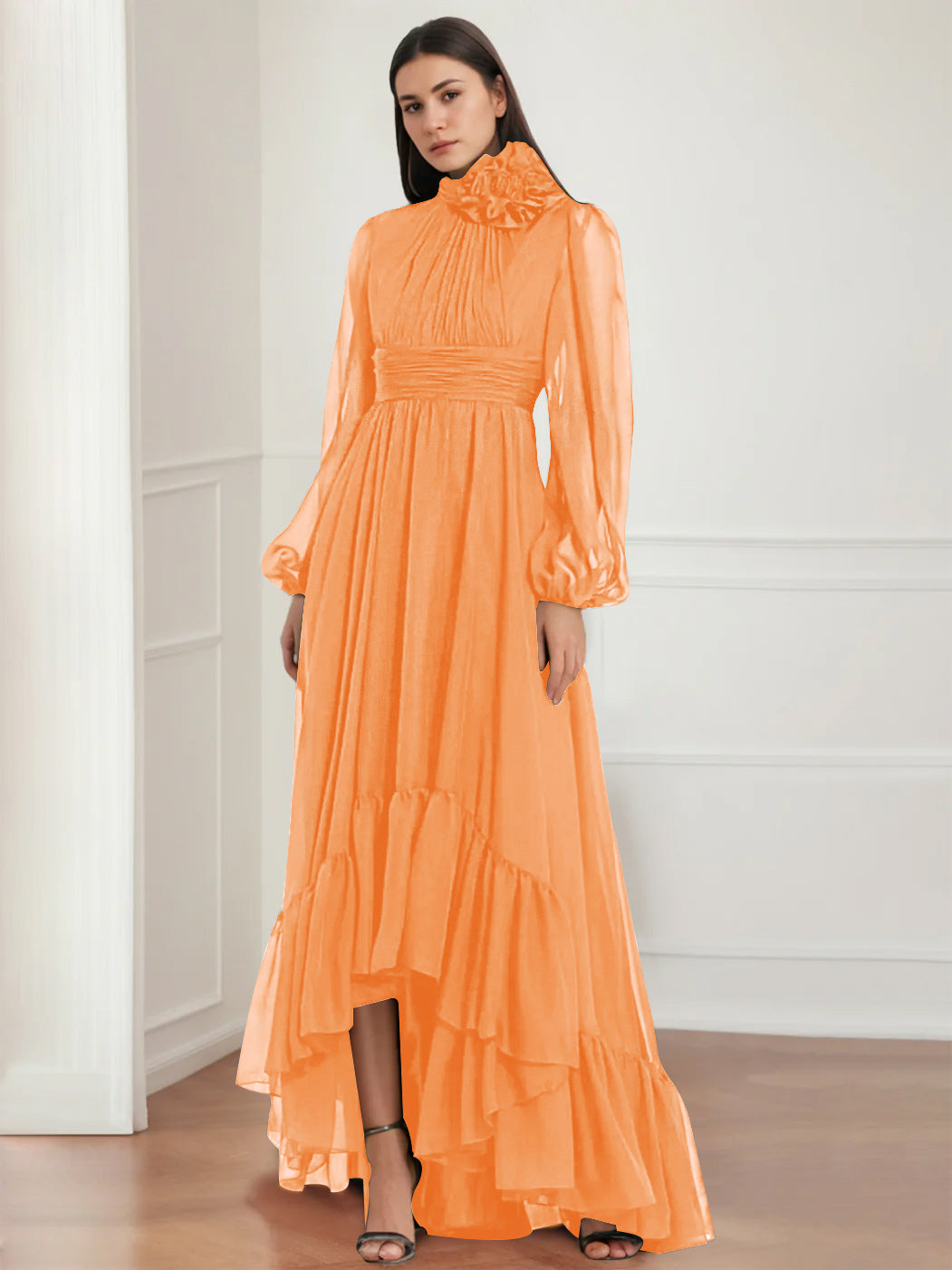 Mother Of The Bride Dress Asymmetrical A Line Jewel Neck Gown With Long Sleeves