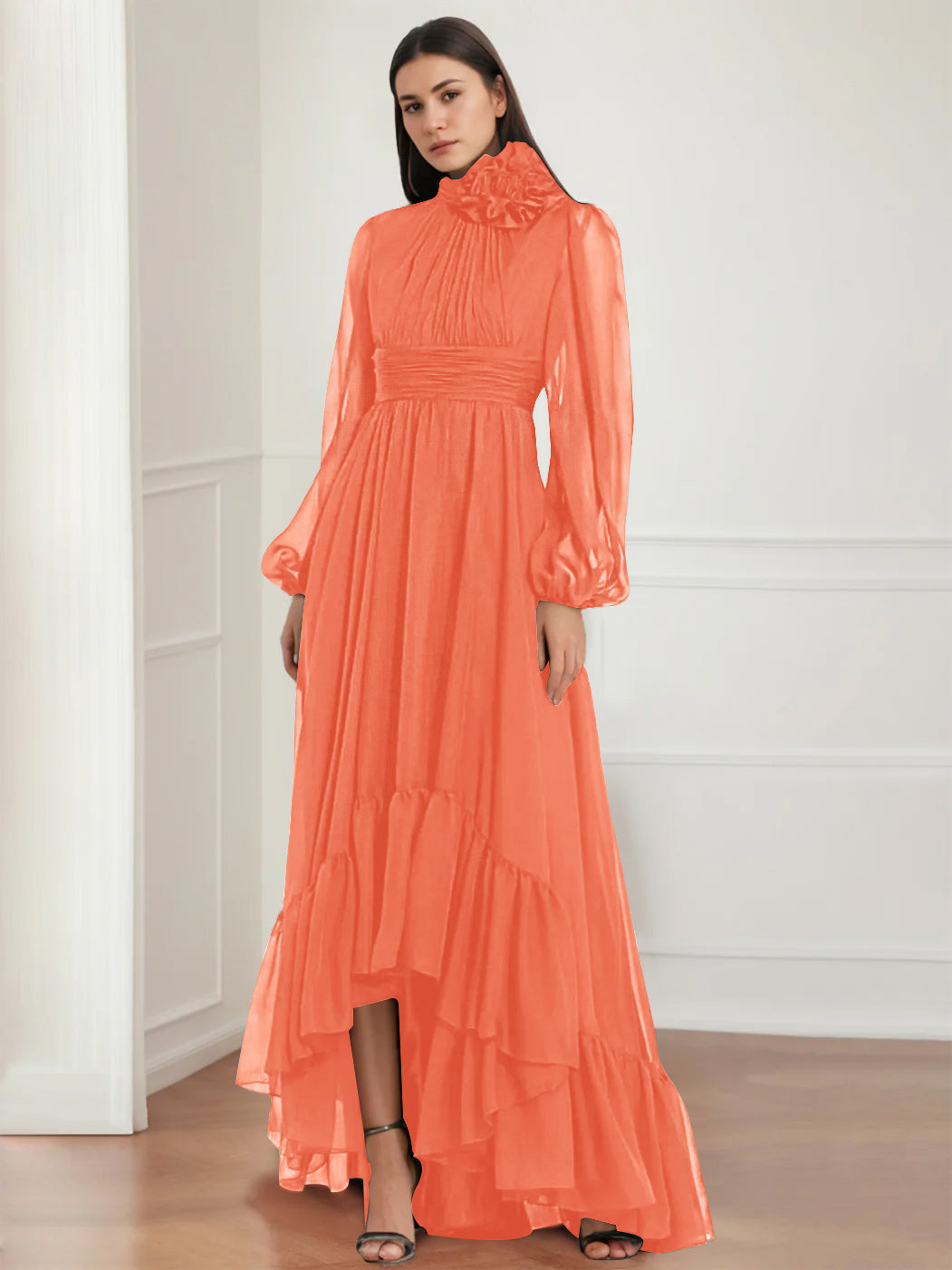 Mother Of The Bride Dress Asymmetrical A Line Jewel Neck Gown With Long Sleeves