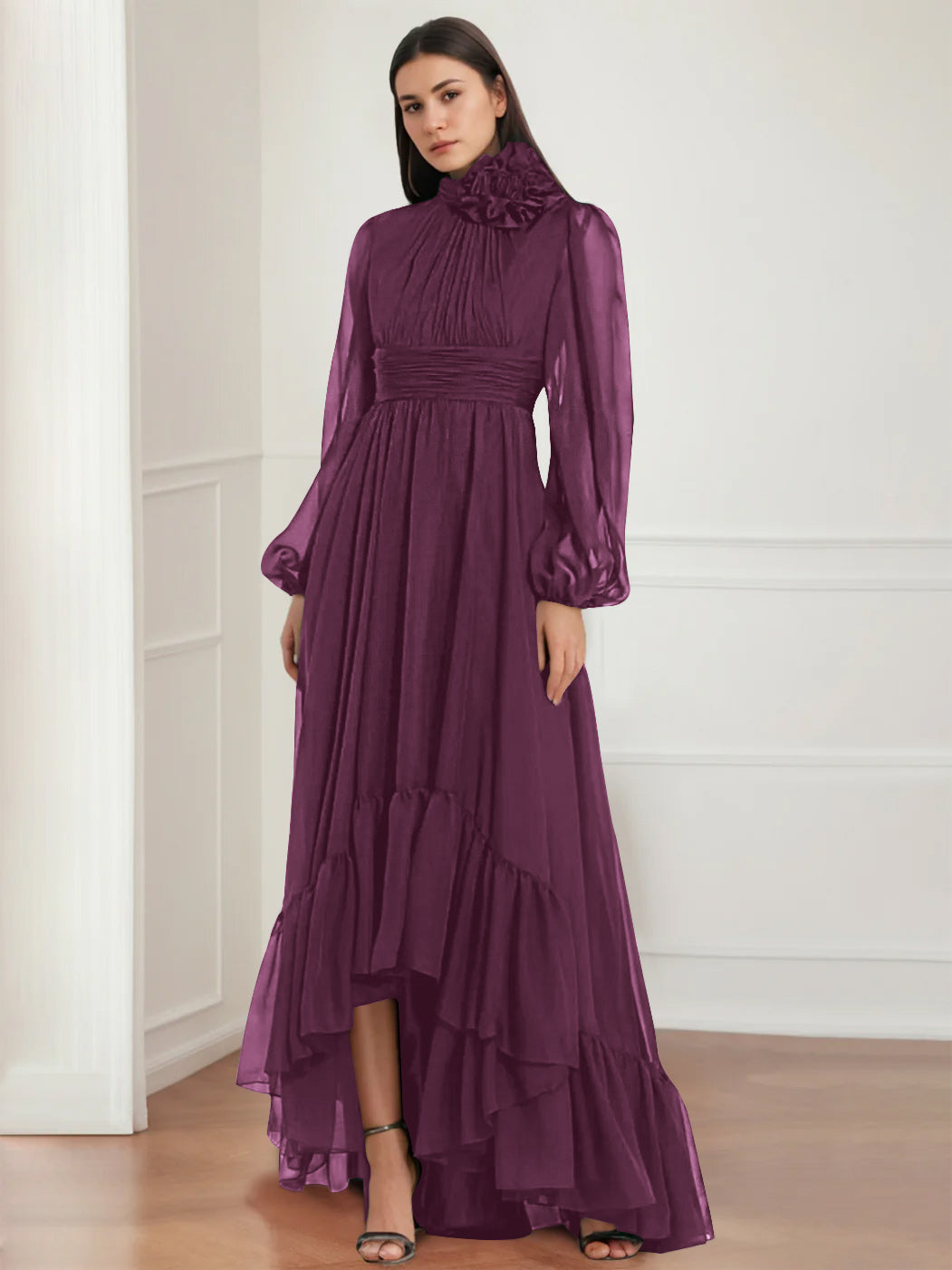 Mother Of The Bride Dress Asymmetrical A Line Jewel Neck Gown With Long Sleeves