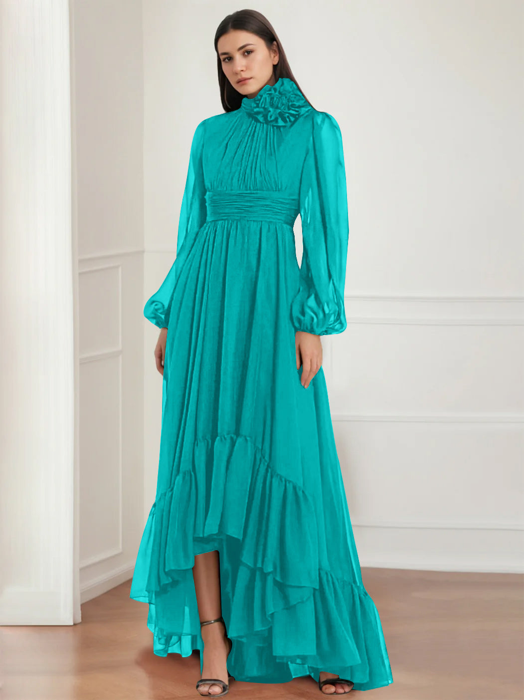 Mother Of The Bride Dress Asymmetrical A Line Jewel Neck Gown With Long Sleeves