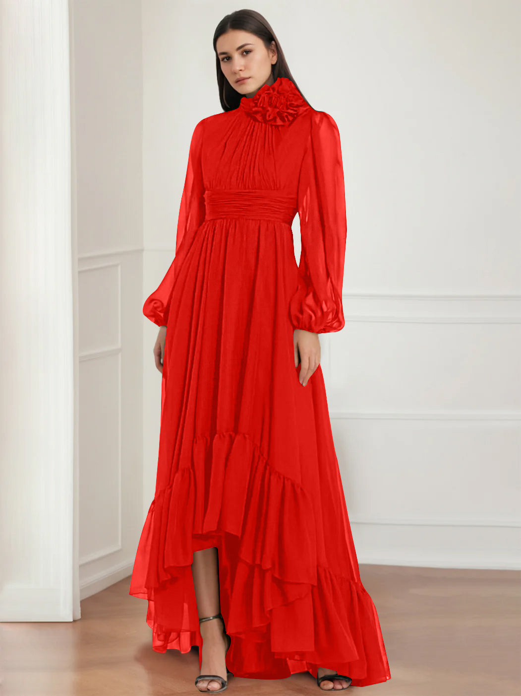 Mother Of The Bride Dress Asymmetrical A Line Jewel Neck Gown With Long Sleeves