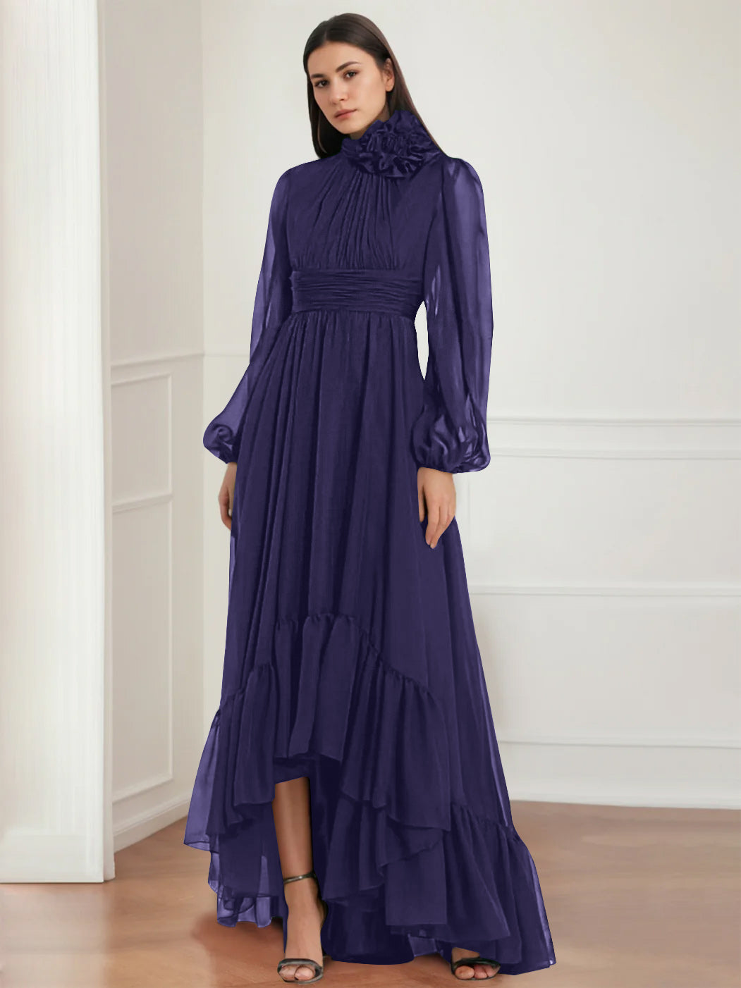 Mother Of The Bride Dress Asymmetrical A Line Jewel Neck Gown With Long Sleeves