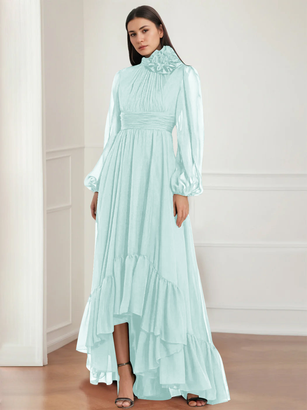Mother Of The Bride Dress Asymmetrical A Line Jewel Neck Gown With Long Sleeves