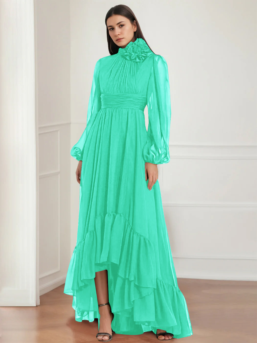 Mother Of The Bride Dress Asymmetrical A Line Jewel Neck Gown With Long Sleeves