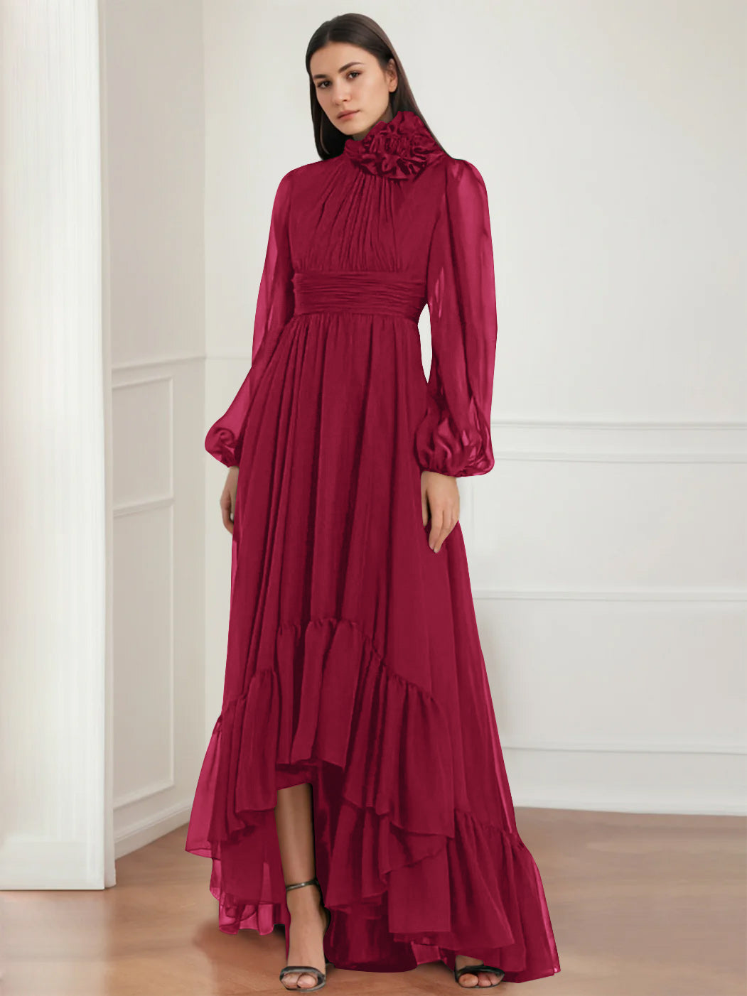 Mother Of The Bride Dress Asymmetrical A Line Jewel Neck Gown With Long Sleeves