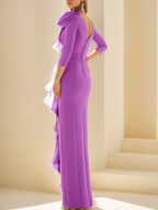 Long Mother Of The Bride Dress With Ruffles And Three Quarter Sleeves Jewel Neck