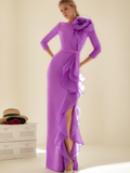 Long Mother Of The Bride Dress With Ruffles And Three Quarter Sleeves Jewel Neck