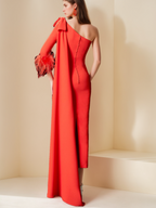 One Shoulder Tea Length Mother Of The Bride Dress With Watteau Train And Feather