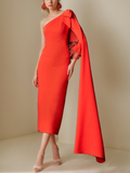 One Shoulder Tea Length Mother Of The Bride Dress With Watteau Train And Feather
