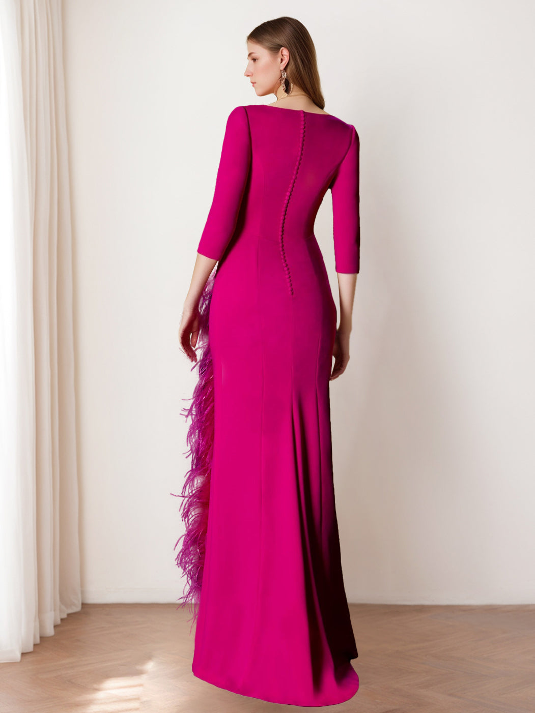 V Neck Three Quarter Sleeve Floor Length Mother Of The Bride Sheath Dress