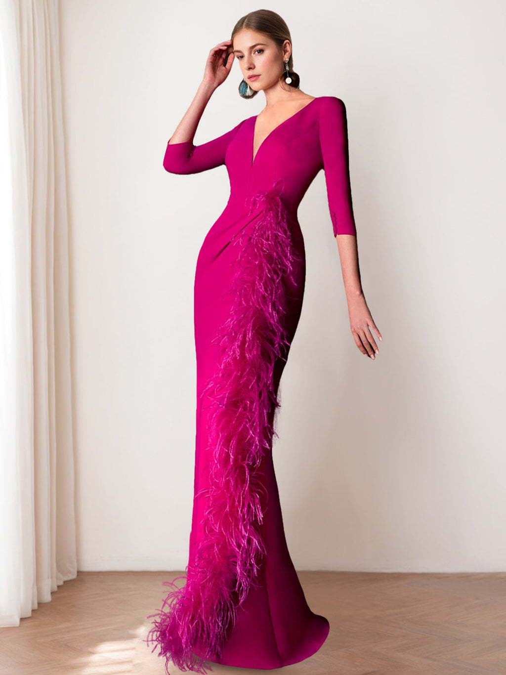 V Neck Three Quarter Sleeve Floor Length Mother Of The Bride Sheath Dress