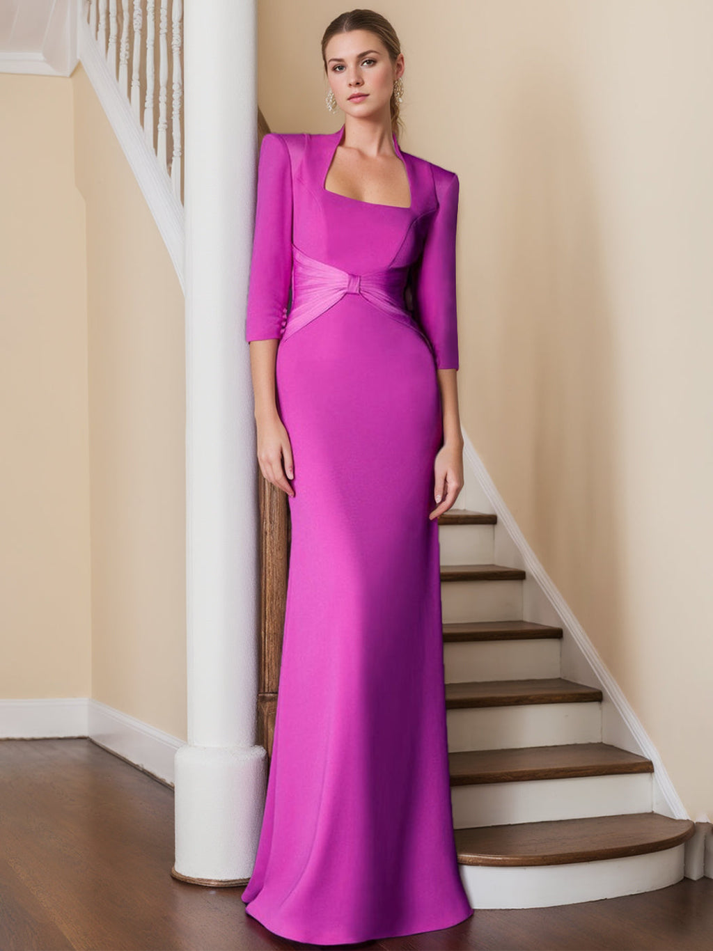 Floor Length Mother Of The Bride Dress With Ruffles And Three Quarter Sleeves