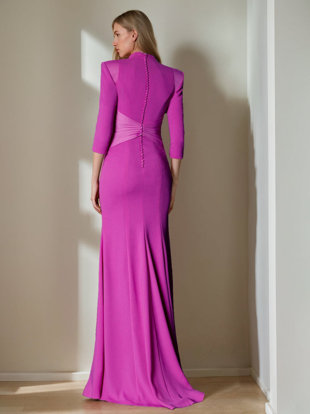 Floor Length Mother Of The Bride Dress With Ruffles And Three Quarter Sleeves