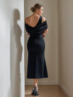Off The Shoulder Short Sleeve Tea Length Mother Of The Bride Sheath Dress