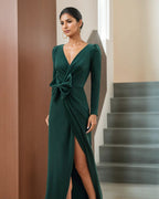 Elegant V Neck A Line Floor Length Mother Of The Bride Dress With Long Sleeves