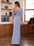 One Shoulder Silk Satin Gown With Ruffles For Mother Of The Bride