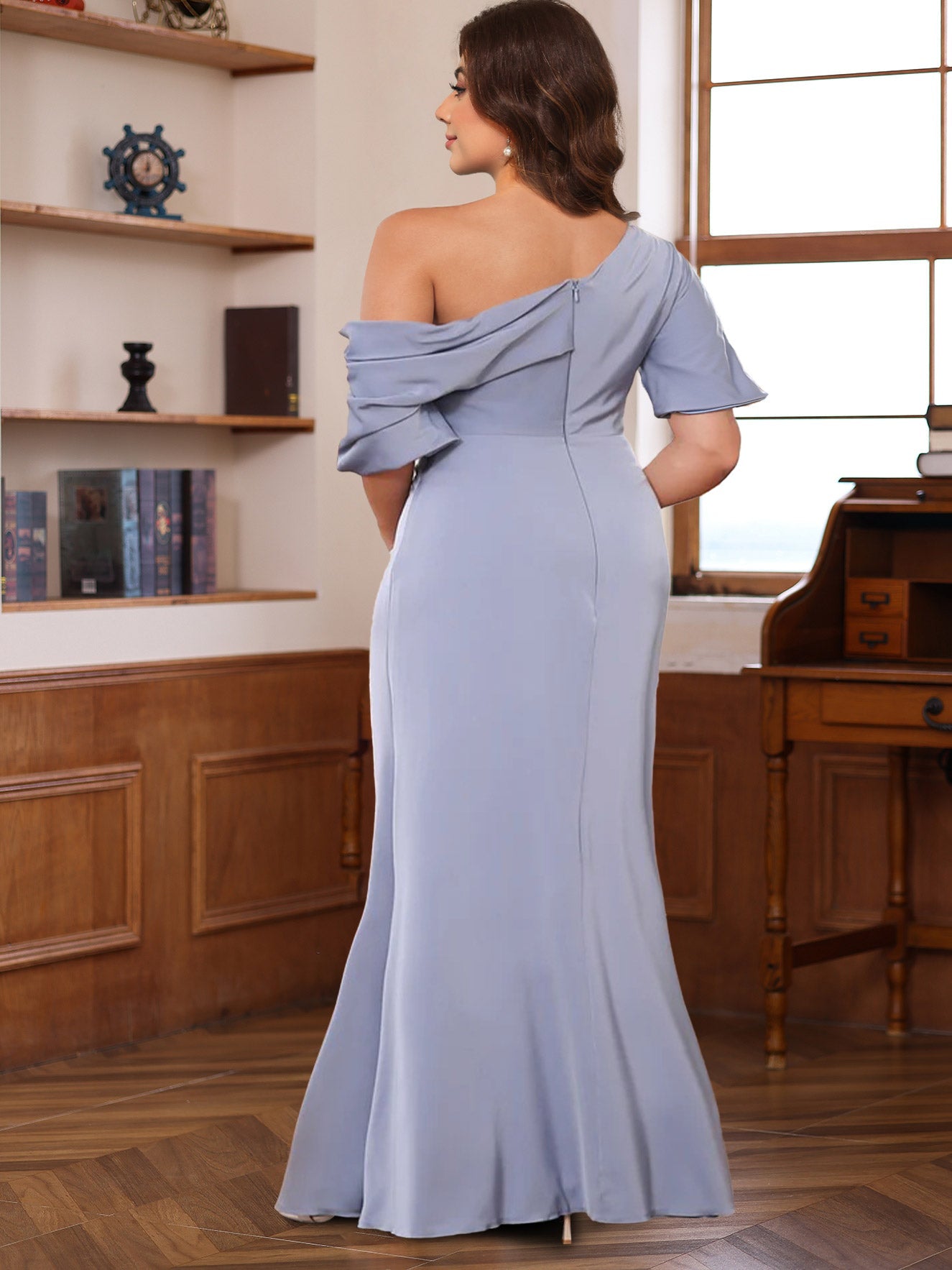 One Shoulder Silk Satin Gown With Ruffles For Mother Of The Bride