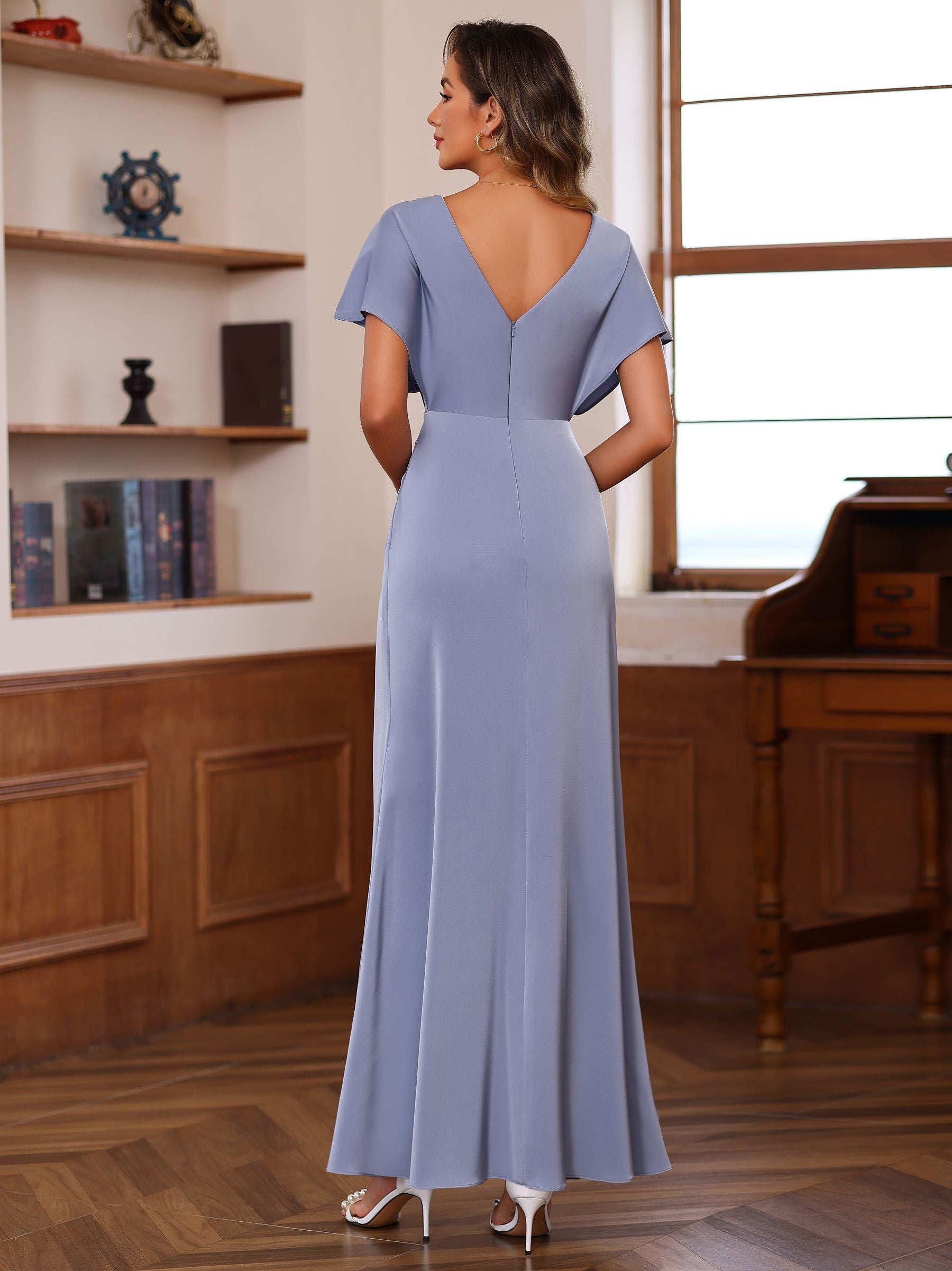 V Neck A Line Princess Floor Length Mother Of The Bride Dress With Ruffles