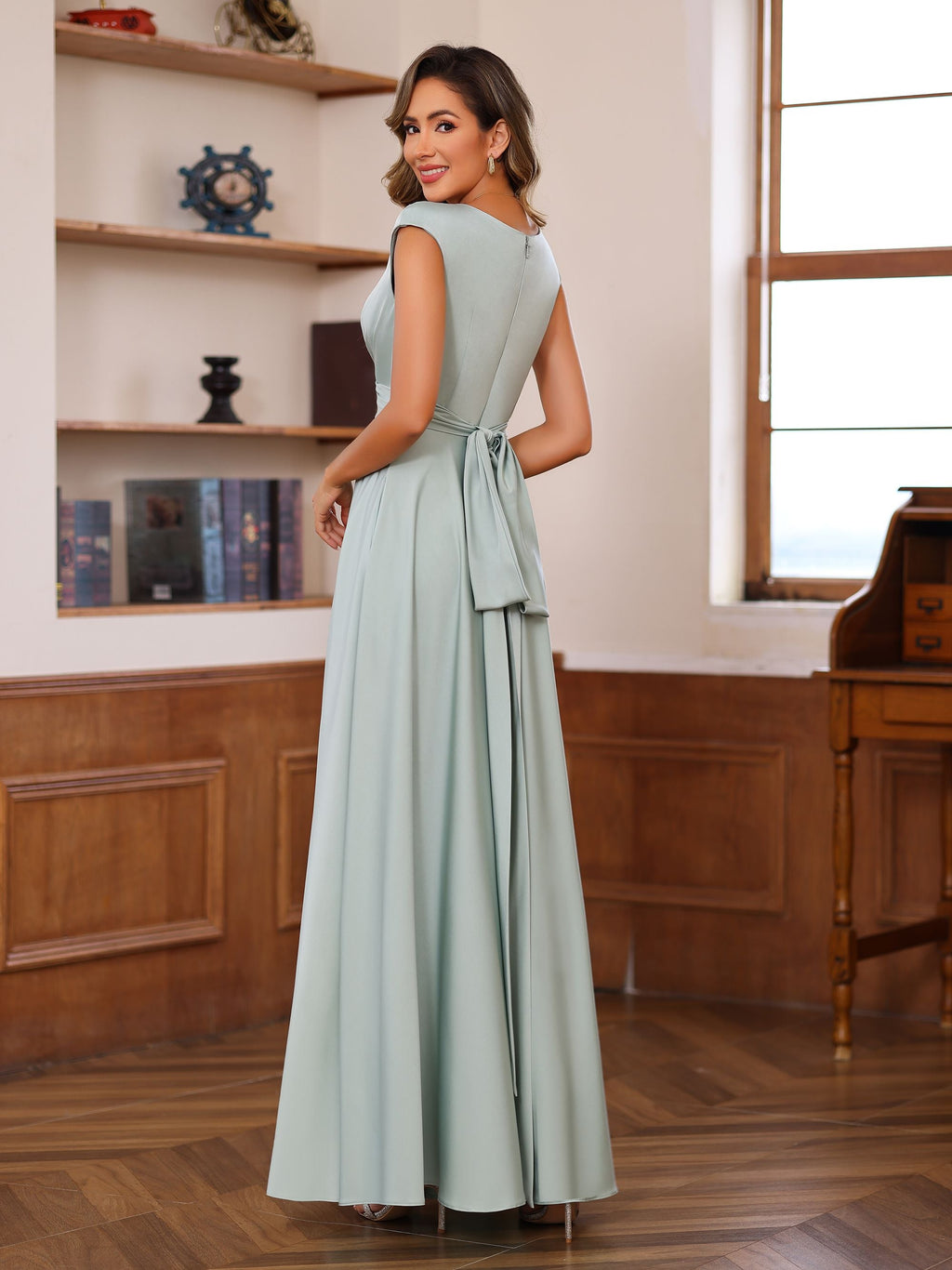 Floor Length Mother Of The Bride A Line Dress With Scoop Neck Ruffled Sleeves