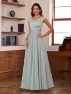 Floor Length Mother Of The Bride A Line Dress With Scoop Neck Ruffled Sleeves