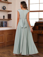 Floor Length Mother Of The Bride A Line Dress With Scoop Neck Ruffled Sleeves