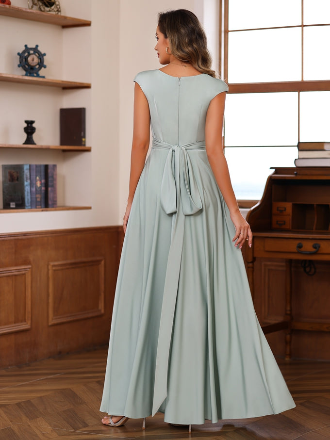 Floor Length Mother Of The Bride A Line Dress With Scoop Neck Ruffled Sleeves