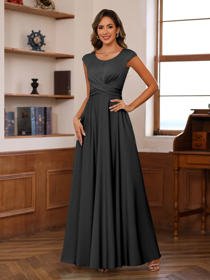 Floor Length Mother Of The Bride A Line Dress With Scoop Neck Ruffled Sleeves