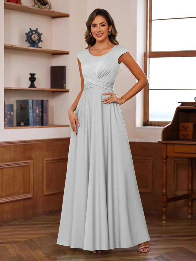 Floor Length Mother Of The Bride A Line Dress With Scoop Neck Ruffled Sleeves