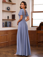 V Neck A Line Floor Length Mother Of The Bride Dress With Short Sleeves Ruffles