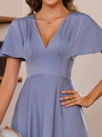 Plus Size V Neck A Line Floor Length Mother Of The Bride Dress With Ruffles Short Sleeves