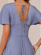 V Neck A Line Floor Length Mother Of The Bride Dress With Short Sleeves Ruffles