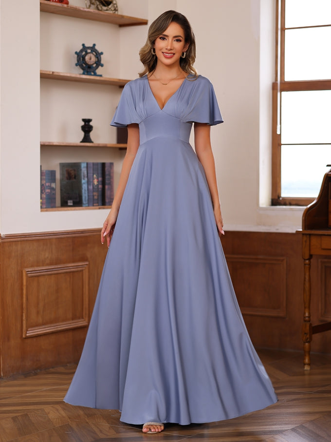 V Neck A Line Floor Length Mother Of The Bride Dress With Short Sleeves Ruffles