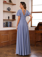 V Neck A Line Floor Length Mother Of The Bride Dress With Short Sleeves Ruffles