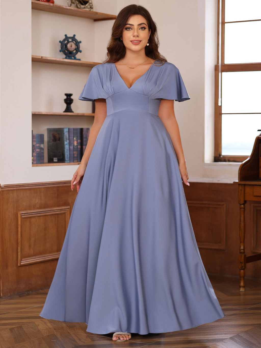 Plus Size V Neck A Line Floor Length Mother Of The Bride Dress With Ruffles Short Sleeves