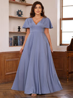 Plus Size V Neck A Line Floor Length Mother Of The Bride Dress With Ruffles Short Sleeves