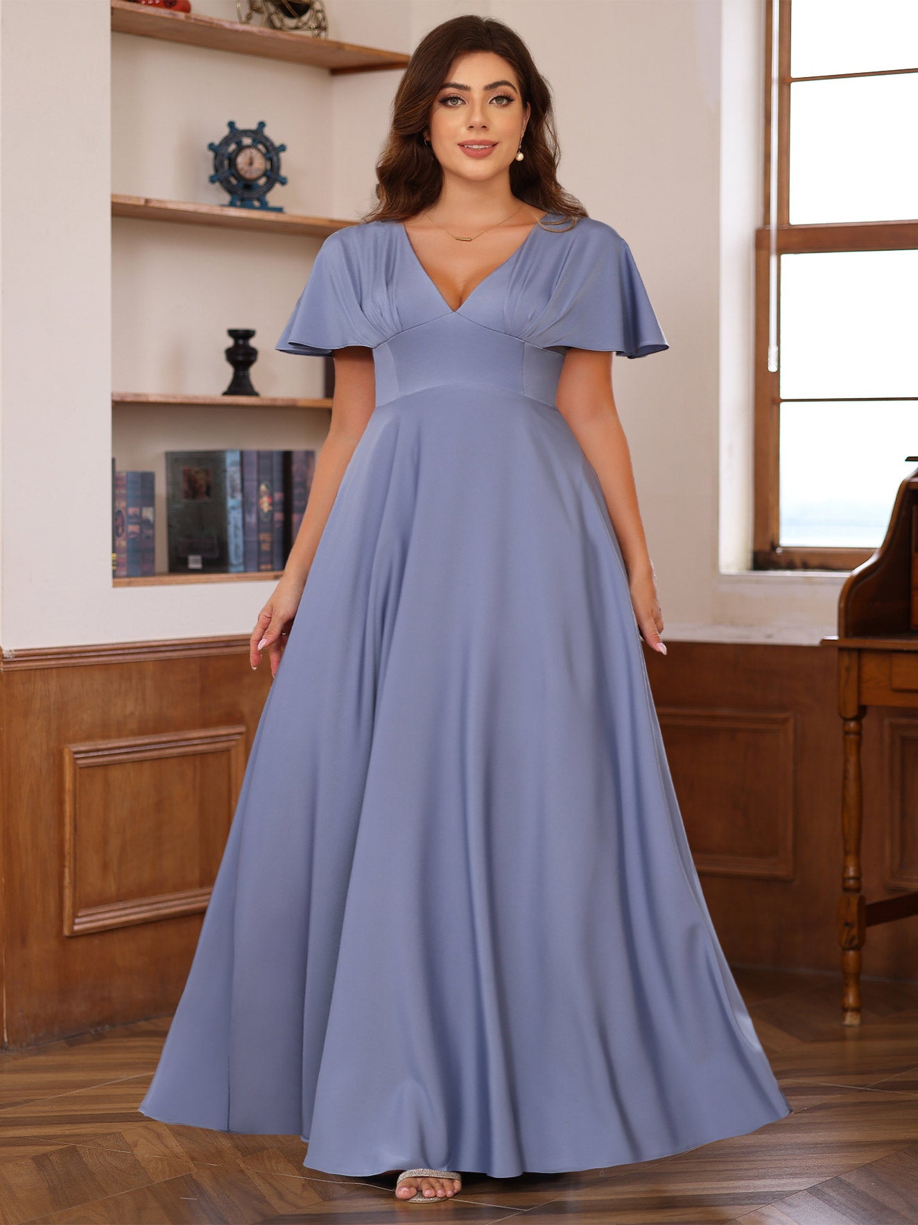 Plus Size V Neck A Line Floor Length Mother Of The Bride Dress With Ruffles Short Sleeves