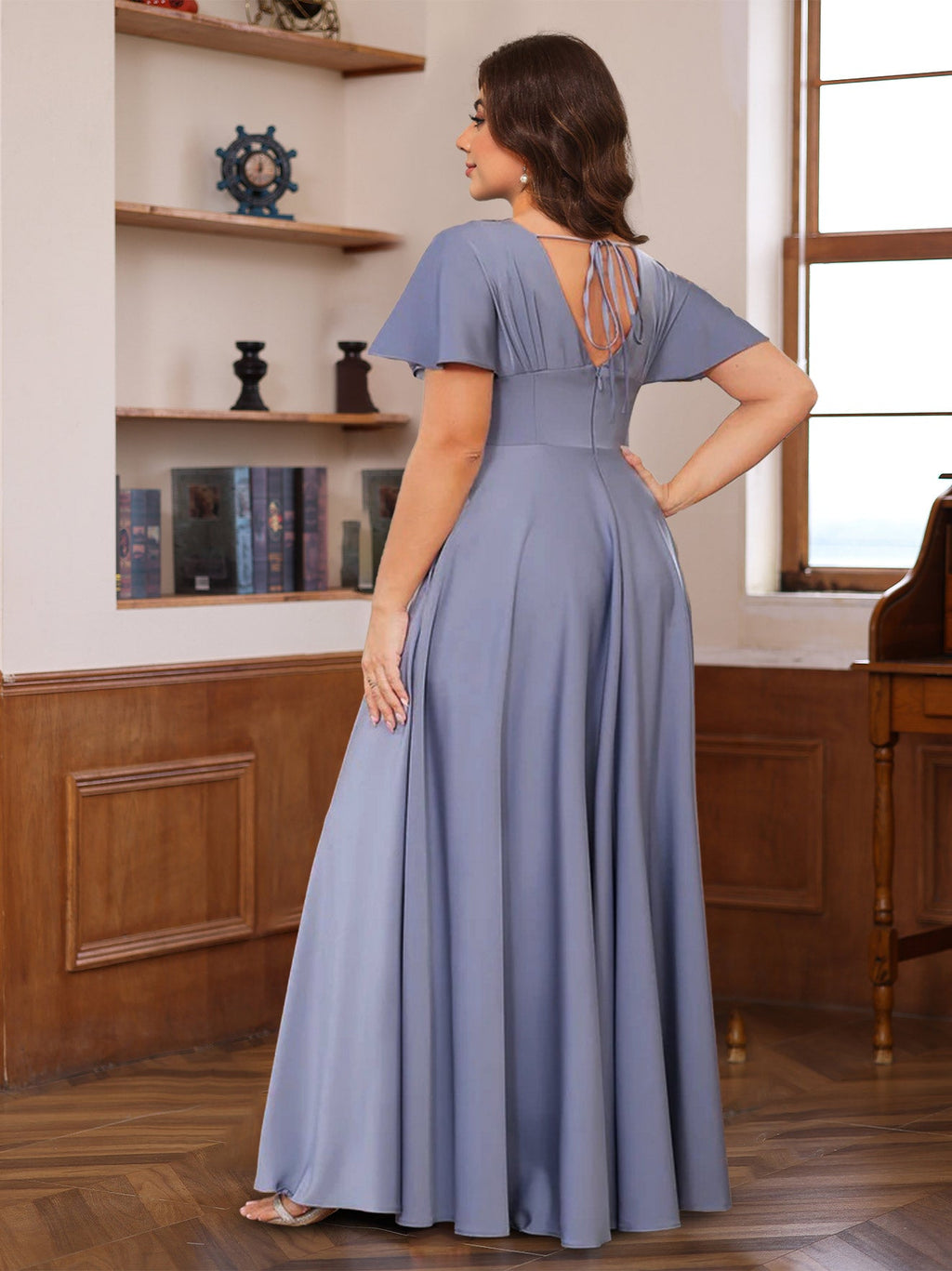 Plus Size V Neck A Line Floor Length Mother Of The Bride Dress With Ruffles Short Sleeves