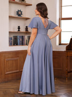 Plus Size V Neck A Line Floor Length Mother Of The Bride Dress With Ruffles Short Sleeves