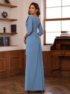 V Neck Three Quarter Sleeve Floor Length Mother Of Bride Dress Ruffles Appliques