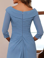 V Neck Three Quarter Sleeve Floor Length Mother Of Bride Dress Ruffles Appliques
